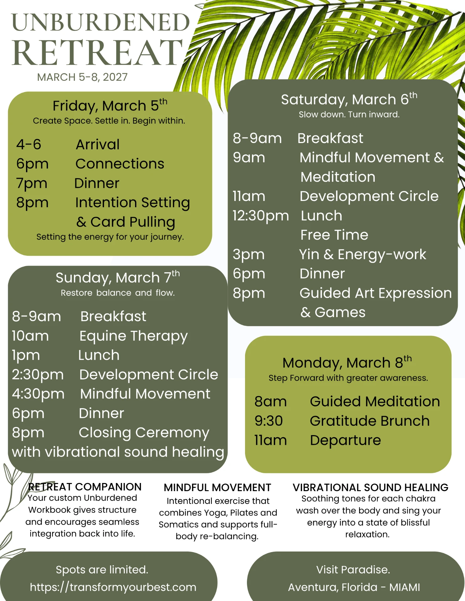 Unburdened Retreat itinerary — the day-by-day schedule from Friday, March 5 to Monday, March 8, 2027