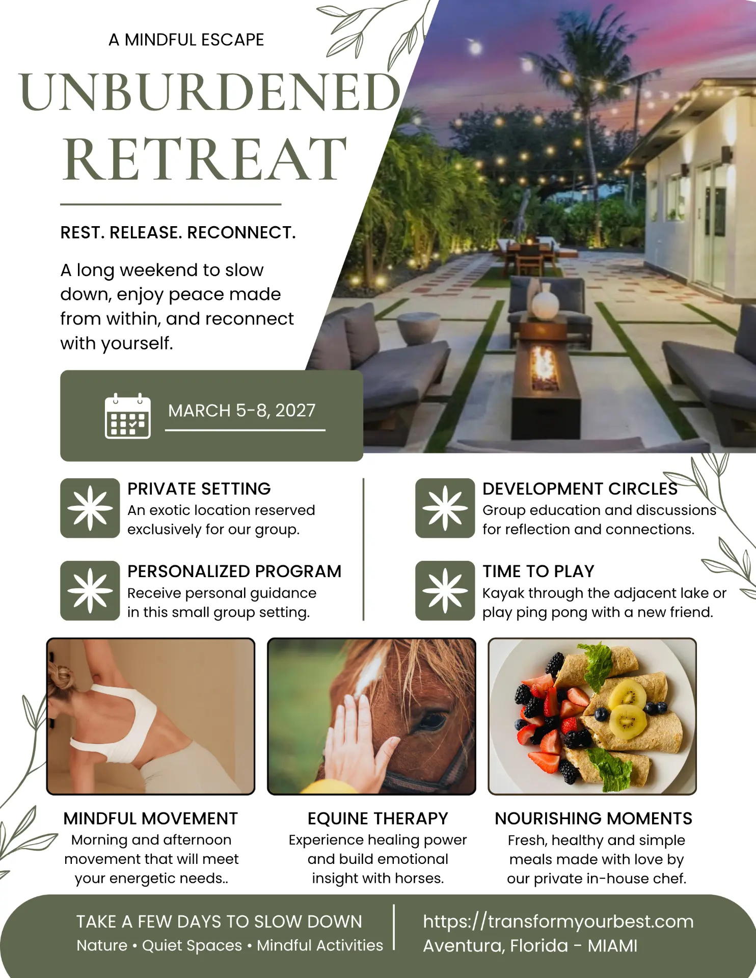 Unburdened Retreat flyer — Rest. Release. Reconnect. March 5–8, 2027, Aventura, Florida
